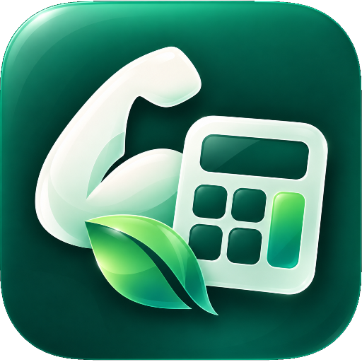 Protein Calculator logo: a flexed arm, leaf, and calculator on emerald